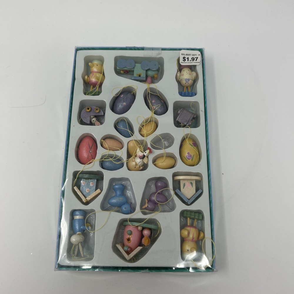 New Vintage Walmart Miniature Wooden Easter Ornaments In Original Box 23 Pcs